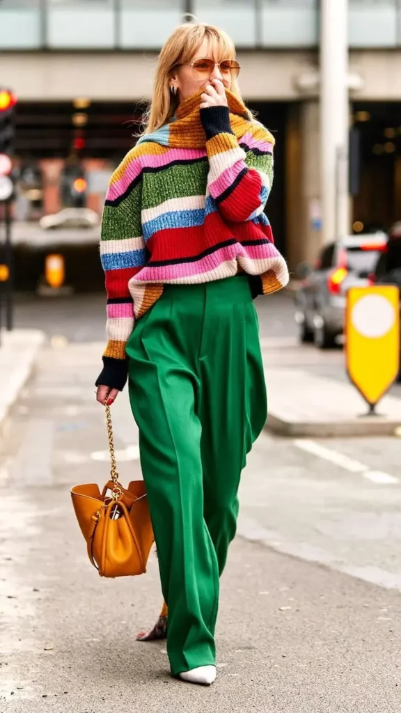 Street style look with a colourful striped sweater and bright geen pants, accessorized with a tan handbag