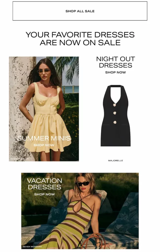 Revolve section showcasing different dress categories on sale. Includes a woman in a yellow mini dress labeled “Summer Minis,” a black halter mini dress labeled “Night Out Dresses,” and a woman in a striped halter dress labeled “Vacation Dresses.” Each dress includes a “Shop Now” call to action.