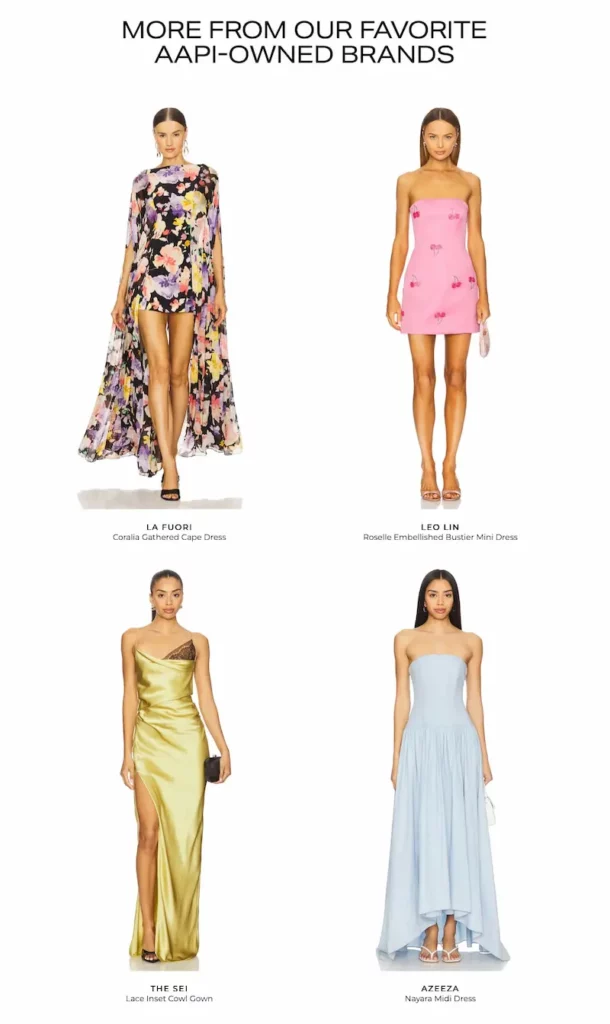 Revolve highlights AAPI-owned fashion brands. Featured dresses include: a floral cape dress, a pink mini dress, a gold satin gown with lace detail, and a strapless powder blue midi dress. All items are worn by models against a clean white background.