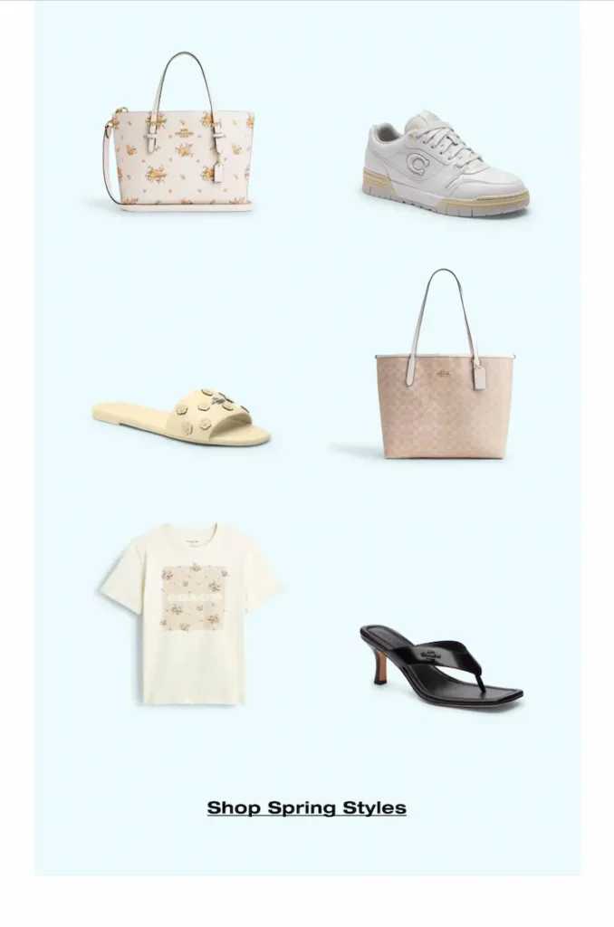 Grid of spring fashion items from Coach Outlet on a pale blue background, including floral tote bags, white sneakers, beige slides with embellishments, a logo t-shirt, and black heeled sandals.