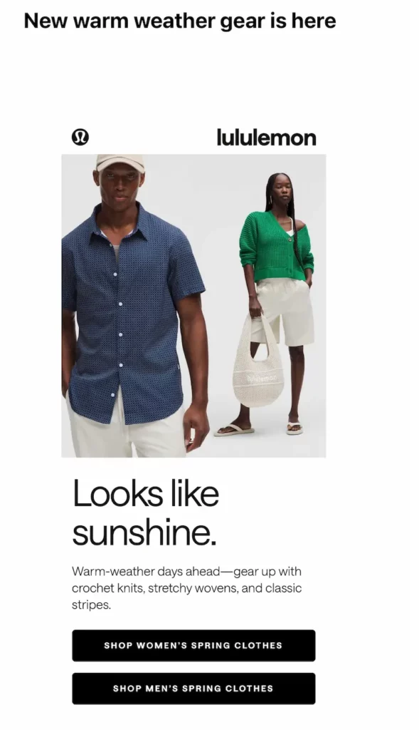 Lululemon spring campaign featuring a man in a navy short-sleeve button-up shirt and white shorts, and a woman in a green knit sweater, beige shorts, and sandals, carrying a white woven tote bag.