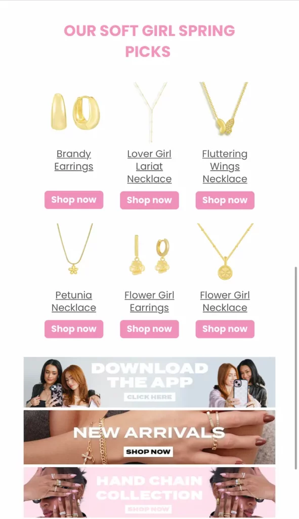 EVRY Jewels product grid labeled “Our Soft Girl Spring Picks” featuring gold jewelry pieces including earrings, necklaces, and lariats with pink “Shop now” buttons. Below are image banners promoting the EVRY app download, new arrivals, and the Hand Chain Collection.