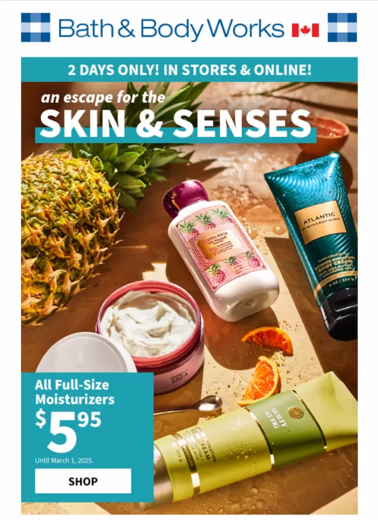 Bath & Body Works banner promoting a $5.95 moisturizer sale. Products shown include Costa Rica body lotion, Atlantic body cream, and other full-size creams on a sunlit surface with pineapple, citrus slices, and spa tools. Headline reads “An escape for the skin & senses.”