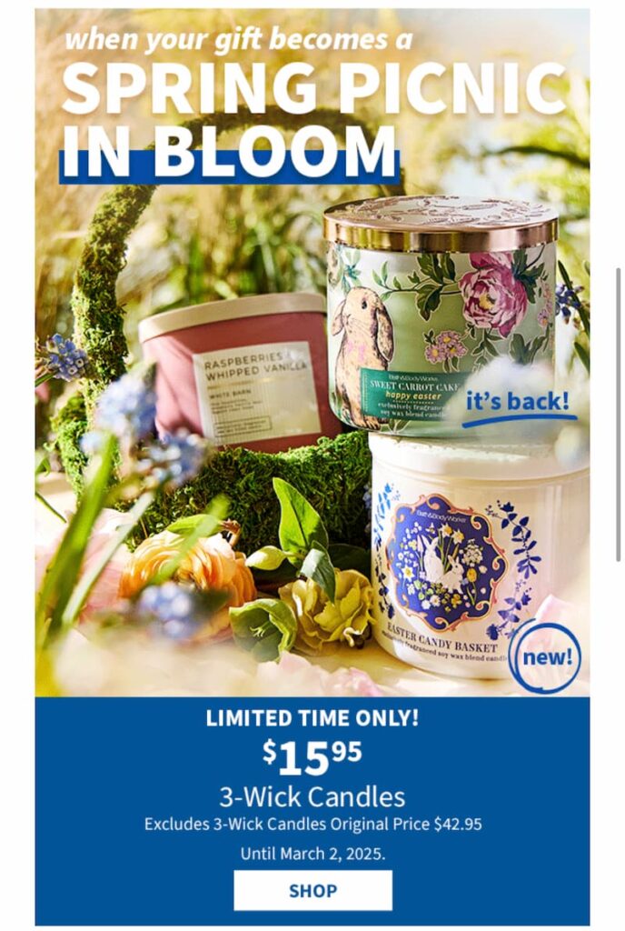 Spring-themed Bath & Body Works promo featuring 3-wick candles like Sweet Carrot Cake, Easter Candy Basket, and Raspberries & Whipped Vanilla, styled in a garden setting with flowers and greenery. Text highlights a $15.95 sale and “It’s back!” and “New!” callouts.