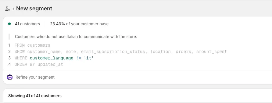 Creating a custom customer segment in Shopify with AI